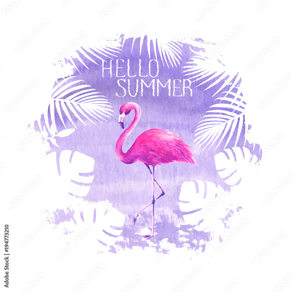 Obraz premium Hello summer lettering flamingo purple poster