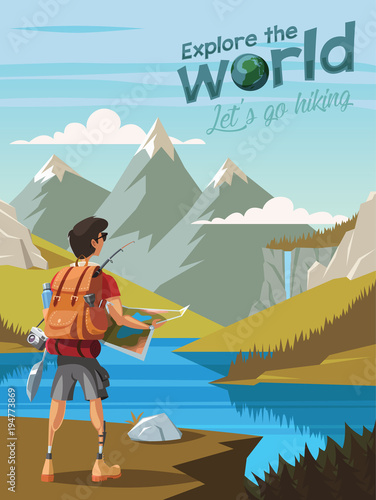 Explore the world,Let's go hiking,A young man hikers looking at a beautiful nature
