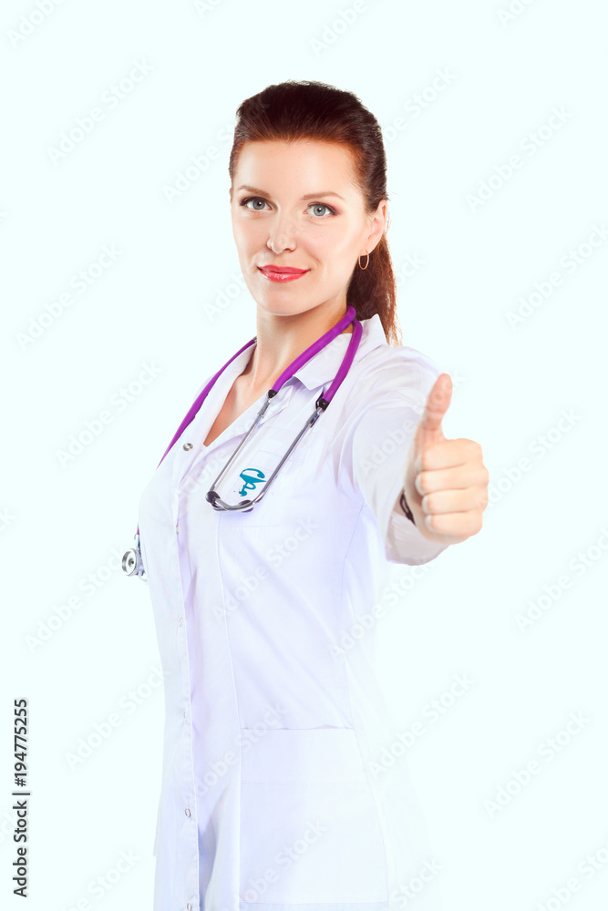 Portrait of young woman doctor with white coat standing in hospital . Portrait of young woman doctor Portrait of young woman doctor with white coat standing in hospital . Portrait of young woman doctor