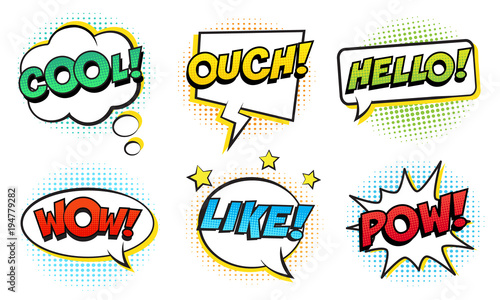 Retro comic speech bubbles set on white background. Expression text COOL, HELLO, LIKE, WOW, POW, OUCH. Vector illustration, pop art style.