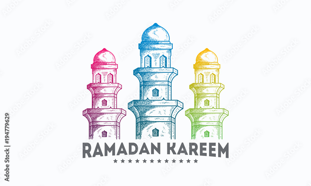 Luxury Minarets Hand drawn style background, Ramadan Kareem wallpaper with arabic calligraphy vector illustration, Iftar Ramadan wallpaper vector illustration