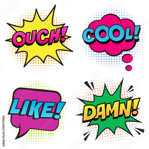 Retro colorful comic speech bubbles set with halftone shadows on white background. Expression text COOL, OUCH, LIKE, DAMN. Vector illustration, pop art style.