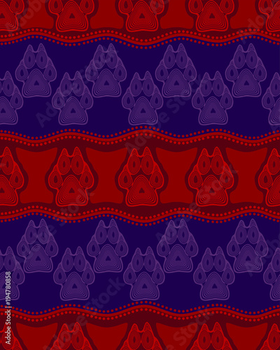 Seamless pattern with paw and claws made in a decorative manner and boho style violet-red colors