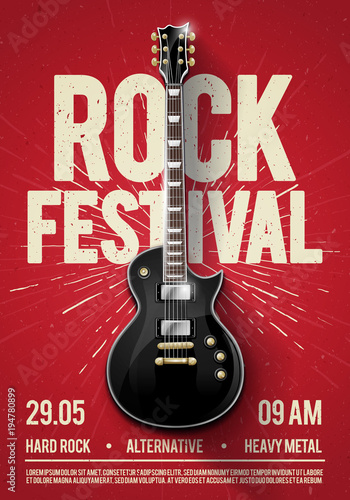 Plakat ilustracji wektorowych czerwony festiwal rockowy koncert party flyer lub plakat szablon z gitarą, miejsce na tekst i fajne efekty w tle