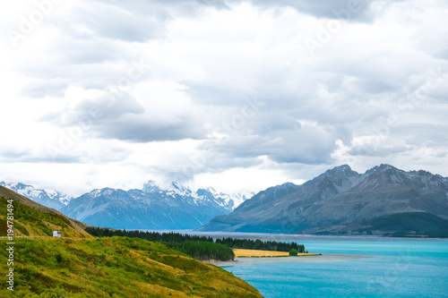 Beautiful scene of mt cook national park with mountain, lake, road and cloudy at Peter's Lookout