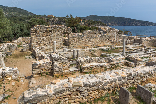 Columns in Ruins of ancient church in Archaeological site of Aliki, Thassos island, East Macedonia and Thrace, Greece