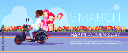 African American Courier On Scooter Delivery Of Presents For Happy International Women Day Creative Greeting Card Background Design Flat Vector Illustration