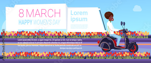 African American Man On Scooter With 8 March Banner Creative Happy International Women Day Template Background Flat Vector Illustration