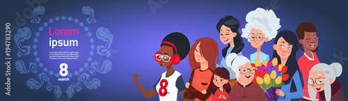 Happy International Women Day Horizontal Banner With Group Of Ladies Holding Flowers And Presents Flat Vector Illustration