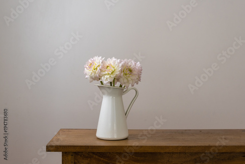 Fototapeta Naklejka Na Ścianę i Meble -  White dahlias in jug on wooden table against neutral wall background