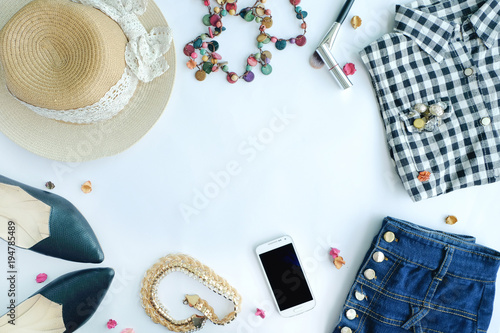 Woman trendy fashion accessories arrangement on white backgroud, Top view