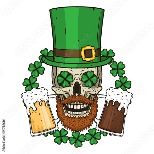 The skull of Saint Patrick's with green hat and clover leaves. Irish skull. St.Patrick skull vector.