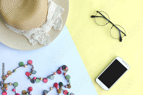 Summer Style fashion of travel accessories on colorful background