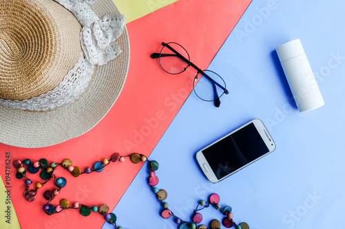 Summer Style fashion of travel accessories on colorful background