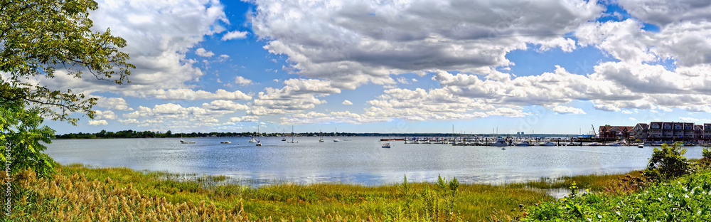 Panoramic view of Eastchester Bay in Pelham Bay Park, Bronx, New York City, USA