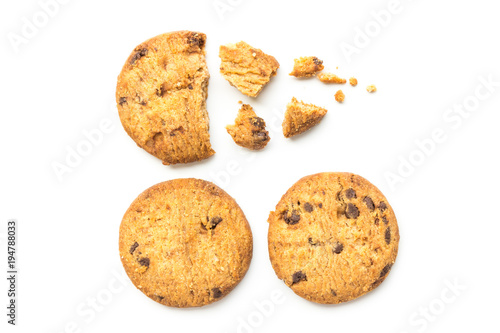 homemade chocolate chip cookies on white background in top view