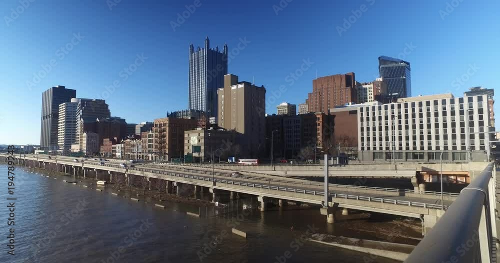 A dolly-up reveal of the Pittsburgh city skyline and Monongahela River on a late winter sunny day. A dolly-up reveal of the Pittsburgh city skyline and Monongahela River on a late winter sunny day.