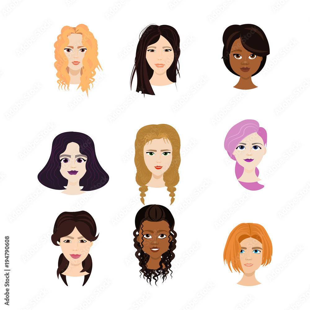 Set of Female Faces Isolated On White Background, Diverse Women With Different Haircuts Portraits Flat Vector Illustration Set of Female Faces Isolated On White Background, Diverse Women With Different Haircuts Portraits Flat Vector Illustration