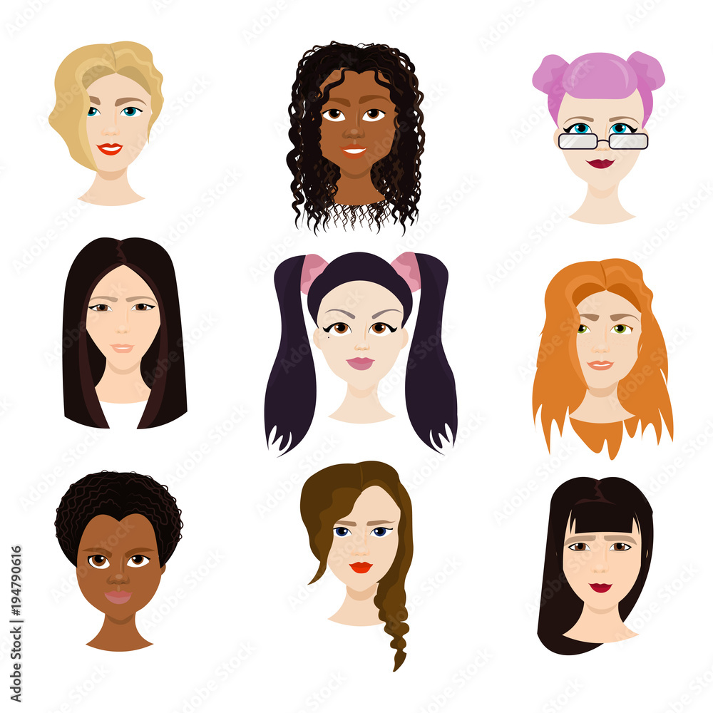 Set of Female Faces Isolated On White Background, Diverse Women With Different Haircuts Portraits Flat Vector Illustration Set of Female Faces Isolated On White Background, Diverse Women With Different Haircuts Portraits Flat Vector Illustration
