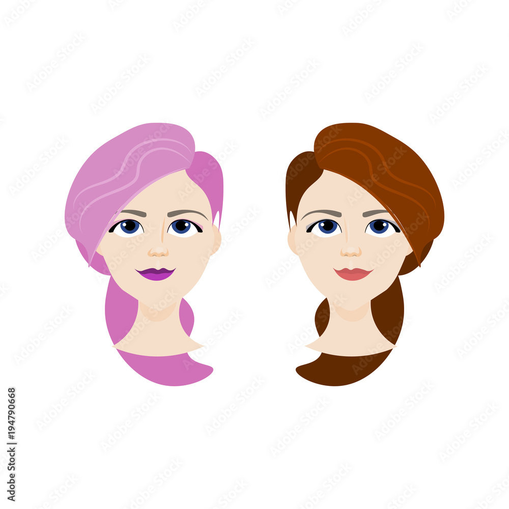 Female Face With Different Hairstyles Isolated On White Background, Girl Portraits Flat Vector Illustration Female Face With Different Hairstyles Isolated On White Background, Girl Portraits Flat Vector Illustration
