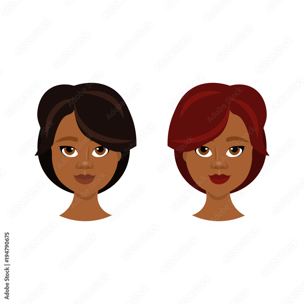 Set of African American Female Face With Different Hairstyles Isolated On White Background, Women Portraits Flat Vector Illustration