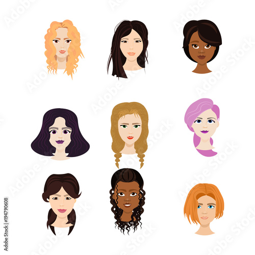 Set of Female Faces Isolated On White Background, Diverse Women With Different Haircuts Portraits Flat Vector Illustration