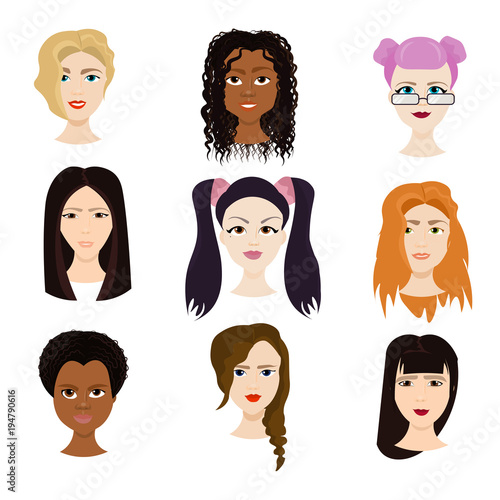 Set of Female Faces Isolated On White Background, Diverse Women With Different Haircuts Portraits Flat Vector Illustration