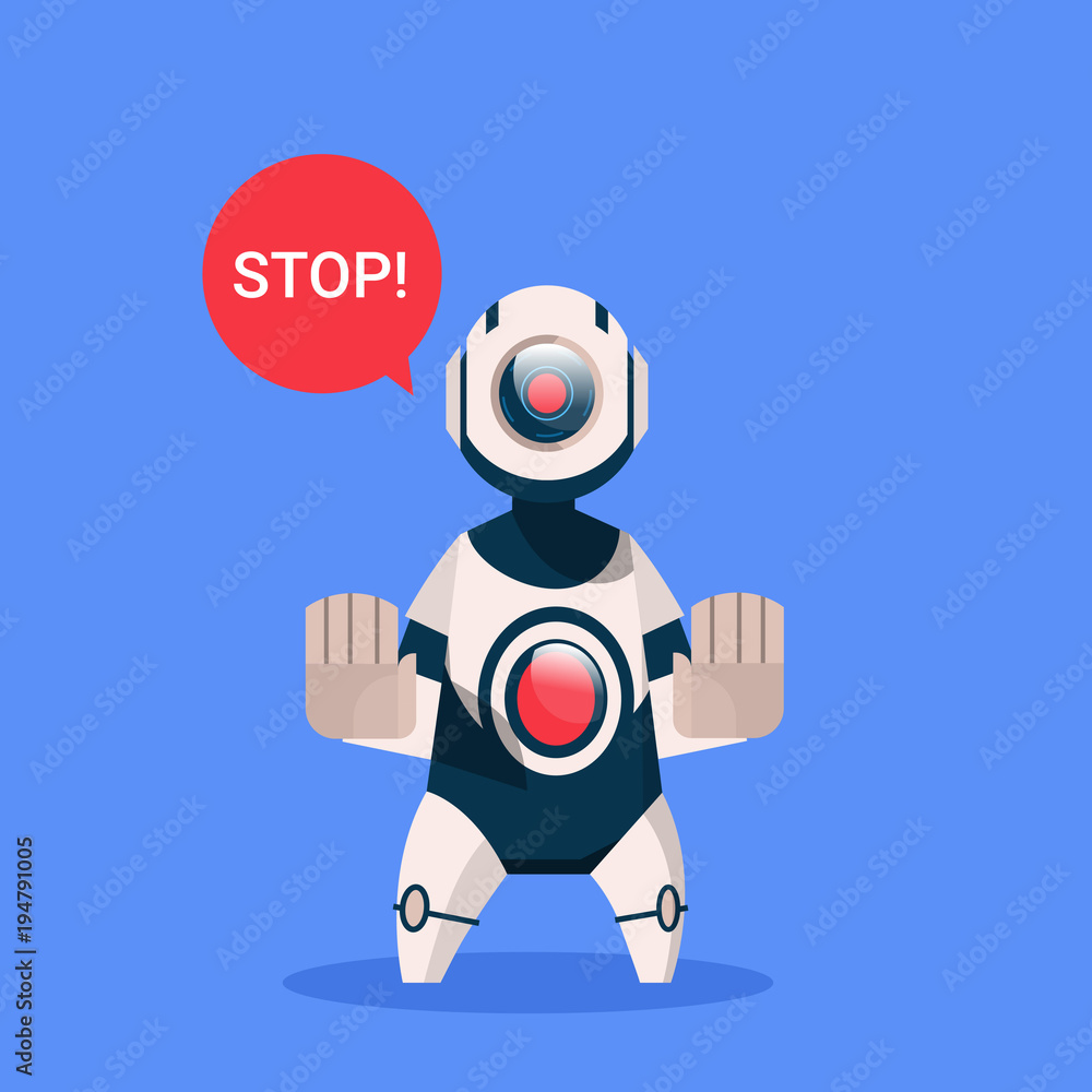 Robot Showing Stop Sign Cyborg Isolated On Blue Background Concept Modern Artificial Intelligence Technology Flat Vector Illustration Robot Showing Stop Sign Cyborg Isolated On Blue Background Concept Modern Artificial Intelligence Technology Flat Vector Illustration