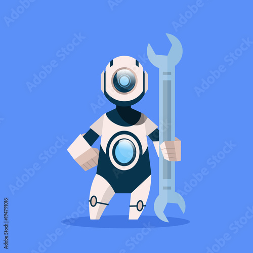 Robot Holding Wrench Cyborg Isolated On Blue Background Concept Modern Artificial Intelligence Technology Flat Vector Illustration