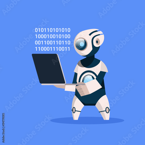 Robot Hold Laptop Coding On Blue Background Concept Modern Artificial Intelligence Technology Flat Vector Illustration
