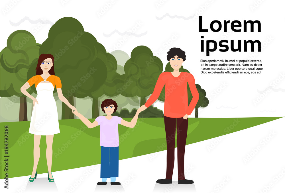 Parents With Son Walking In Urban Park Family Over Green Lawn And Trees On Template Background Flat Vector Illustration