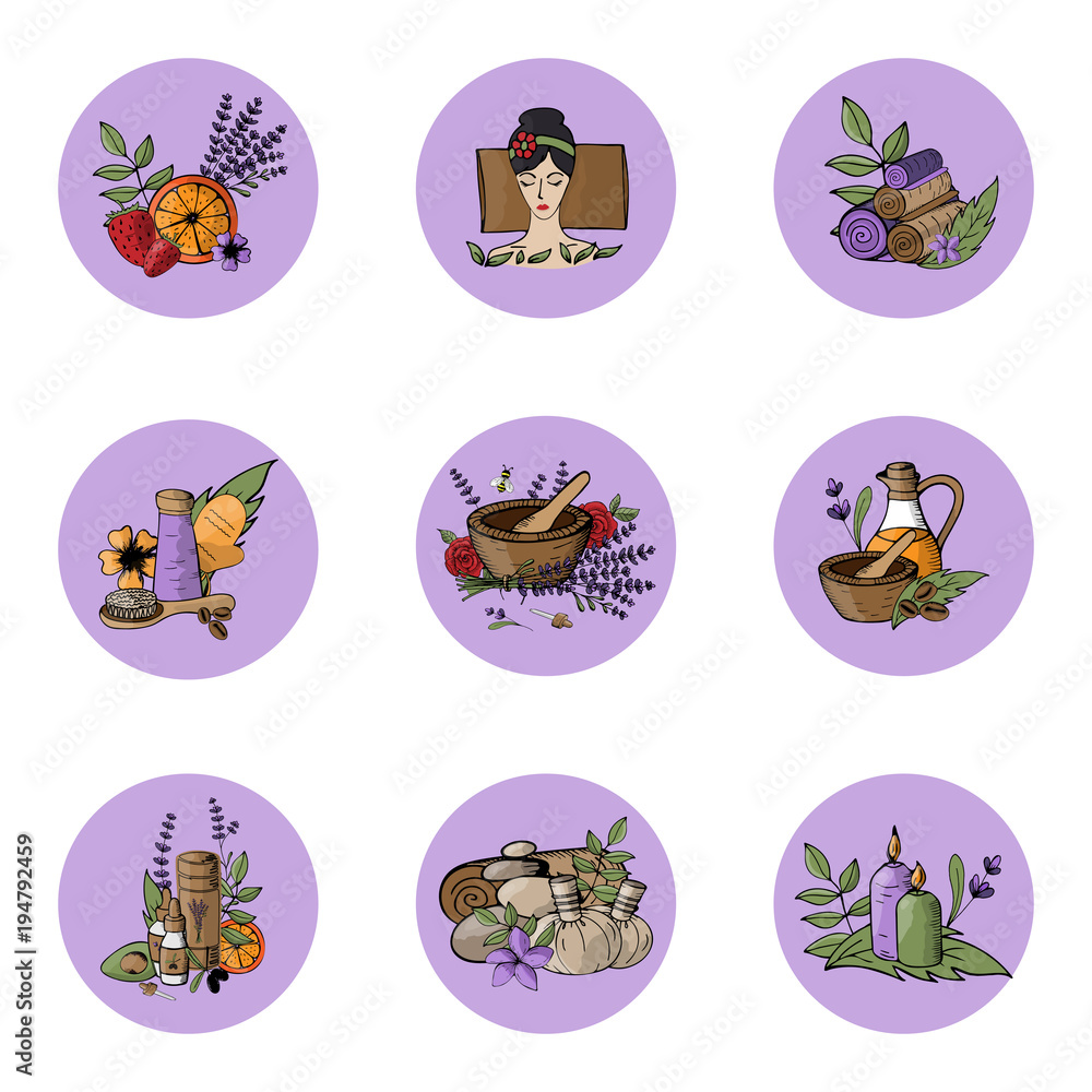 Fototapeta premium Vector icons relaxation, spa, massage, organic cosmetic, wellness therapy, natural cosmetics, bio, health and body care, alternative medicine. Violet Lavender coloure