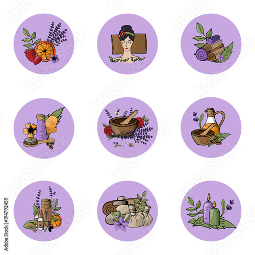 Vector icons relaxation, spa, massage, organic cosmetic, wellness therapy, natural cosmetics, bio, health and body care,  alternative medicine. Violet Lavender coloure