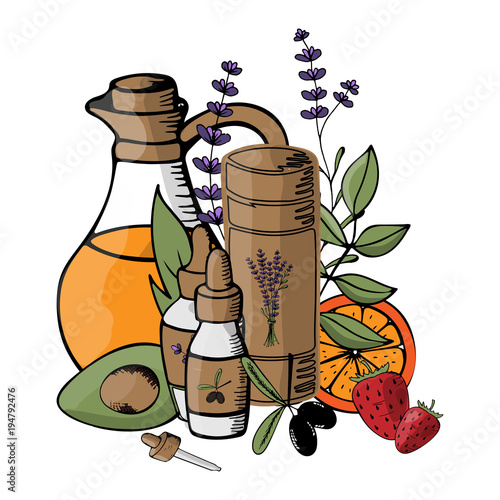 Vector illustration with organic cosmetics subjects. Natural oils, herbs and fruits