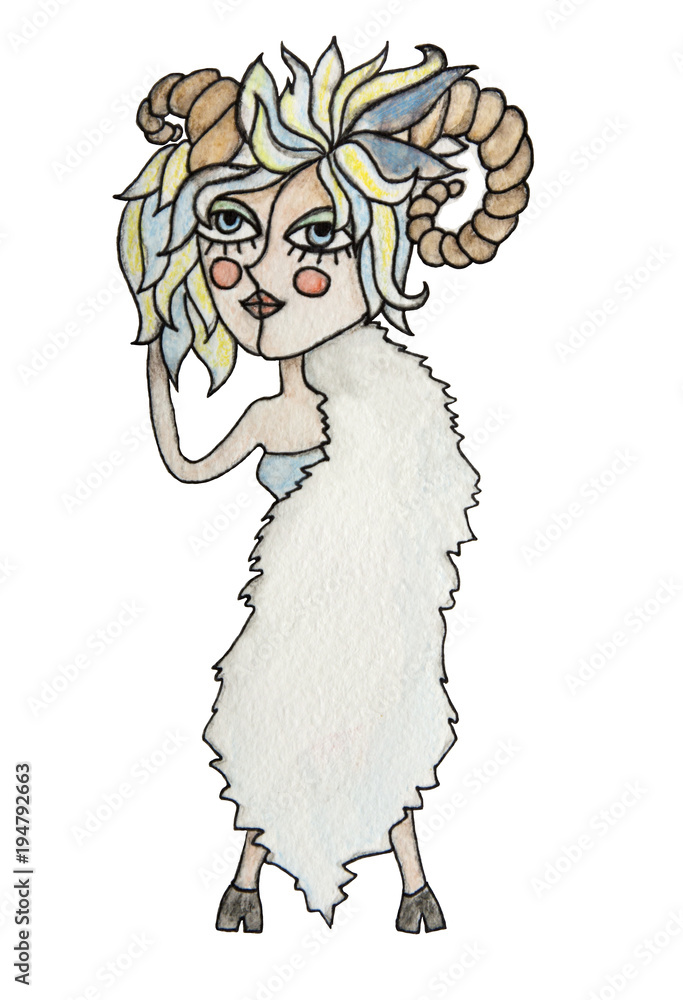 Obraz premium Watercolor pensil illustration of zodiac sign. Aries girl with colorful hair. Isolated on white background.