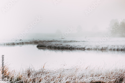 Early foggy morning on the shore of the lake mirror. Frost on the grass near the water.