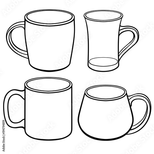 Cups and mugs for tea of different shapes. A set of templates. Line drawing. For coloring