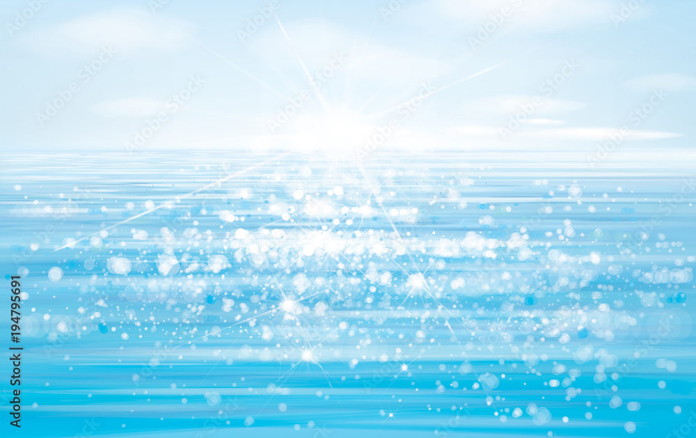 Naklejka premium Vector blue sea and sun shine sky. Blue water background, bokeh effect.