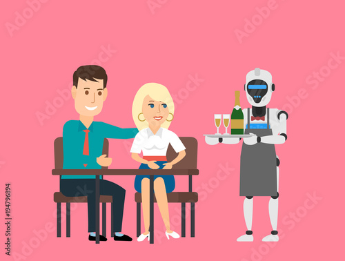 couple in cafe and robot waiter holding tray with champagne