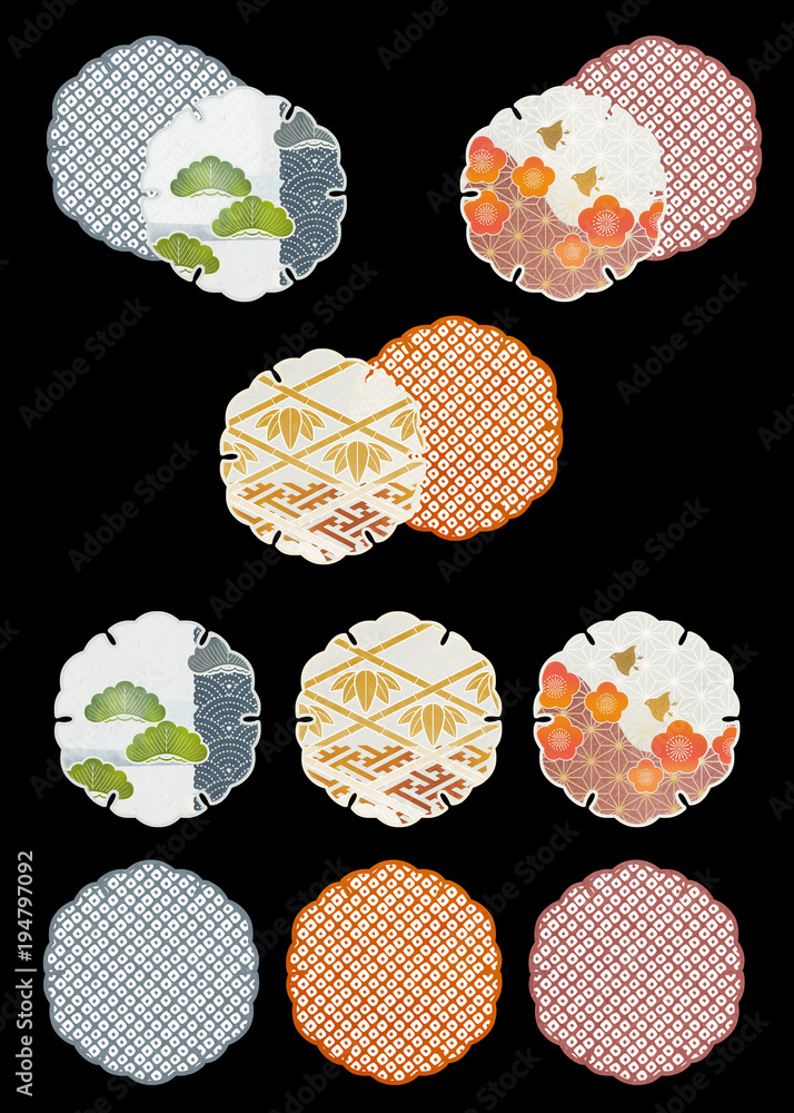 縁起物の和柄パターン 松竹梅と鹿の子の雪輪 セット Stock Illustration Adobe Stock