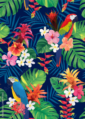 Fototapeta Naklejka Na Ścianę i Meble -  Seamless tropical pattern with macaw bird, guzmania, hibiscus flowers and palm leaves background. Vector set of exotic tropical garden for holiday invitation, greeting card and textile fashion design.