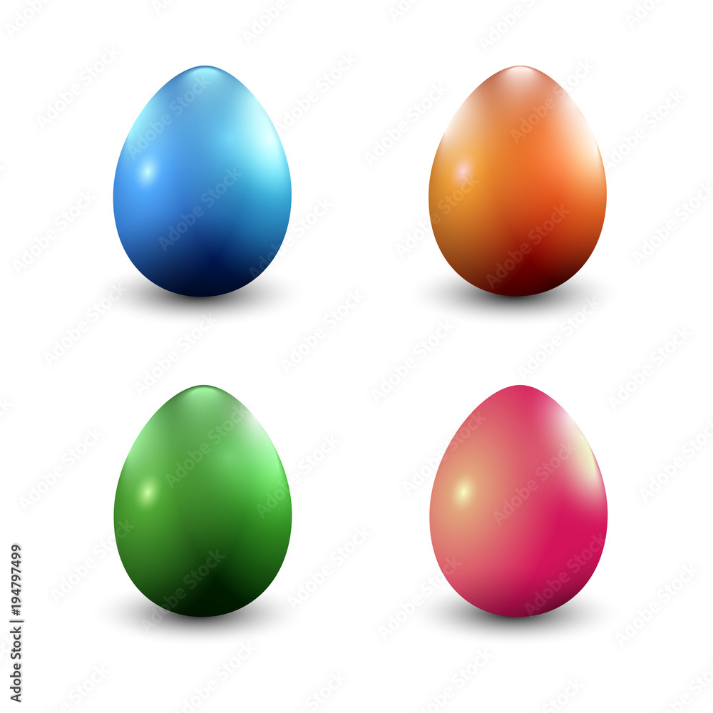 Four realistic easter eggs, green, blue, brown and pink on a white background, Four realistic easter eggs, green, blue, brown and pink on a white background,