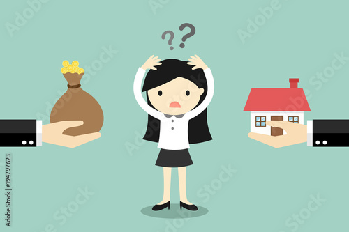 Business concept, Businessman confused between money and property. Vector illustration.