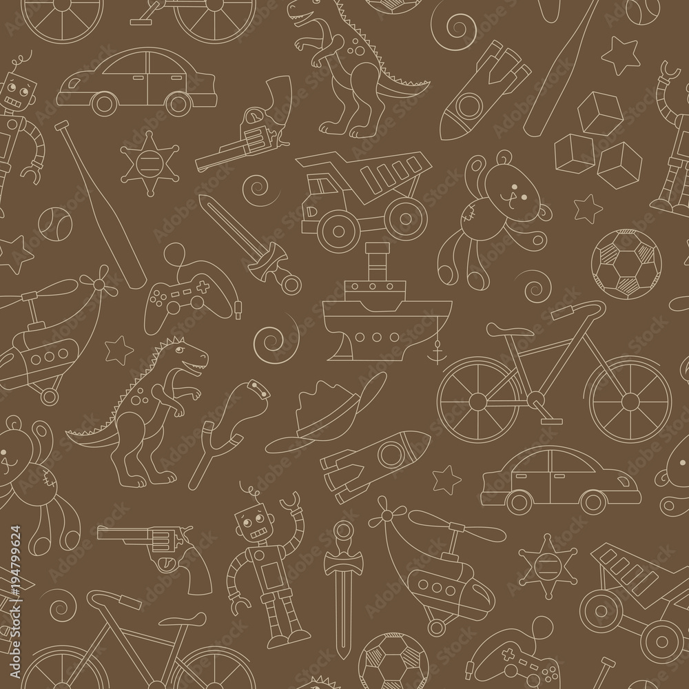 Seamless pattern on the theme of childhood and toys, toys for boys, beige outline on a brown background Seamless pattern on the theme of childhood and toys, toys for boys, beige outline on a brown background