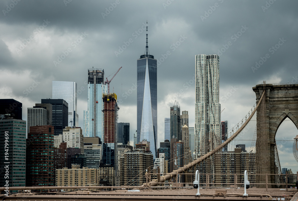 Brooklyn Bridge and Construction on New York City Skyline