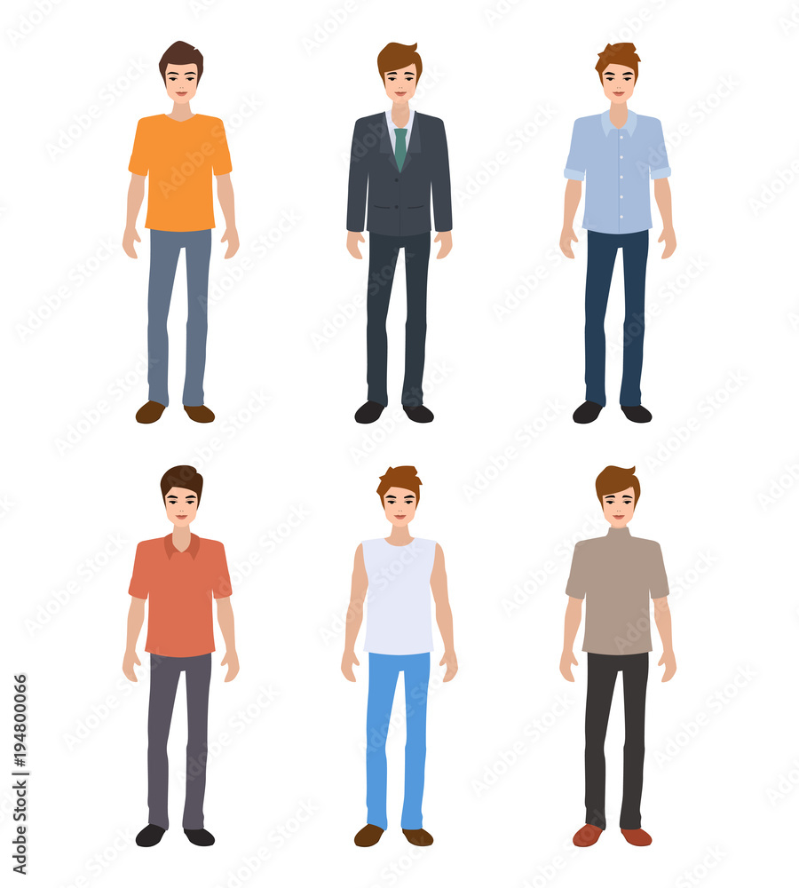 Office man character flat design vector. people in different clothes style. Group of people working.