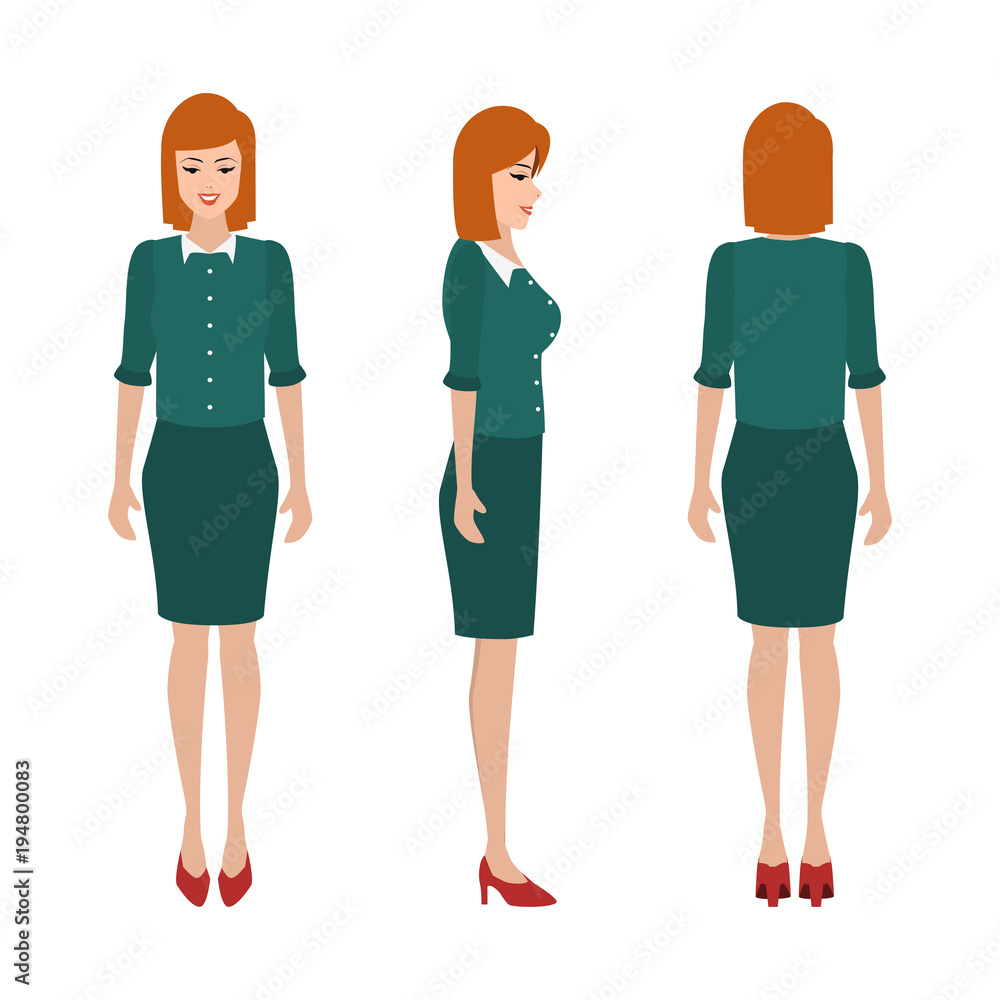 Fototapeta premium Vector illustration of business woman in official clothes. People character in front back and side view.