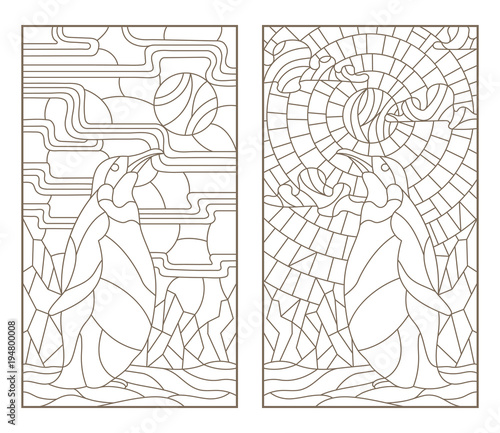 Set of outline illustrations of stained glass Windows with penguins, dark outlines on white background