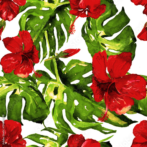 Watercolor Seamless Pattern. Hand Painted Illustration of Tropical Leaves and Flowers. Tropic Summer Motif with Hibiscus Pattern.