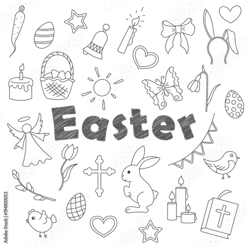 Set contour cartoon of icons on a theme the holiday of Easter was simple contour icons, dark contours on white background